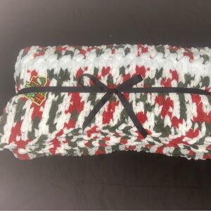 Handmade Cozy Holiday Knit Blanket - Red, Green, White